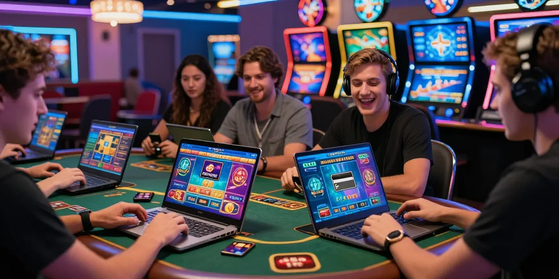Players immersed in action at a vibrant credit card casino, enjoying games on laptops and smartphones.