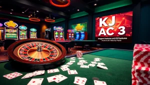 A vibrant casino scene showcasing KJC AC 3 with roulette wheels, poker tables, and slot machines creating an exciting gambling atmosphere.