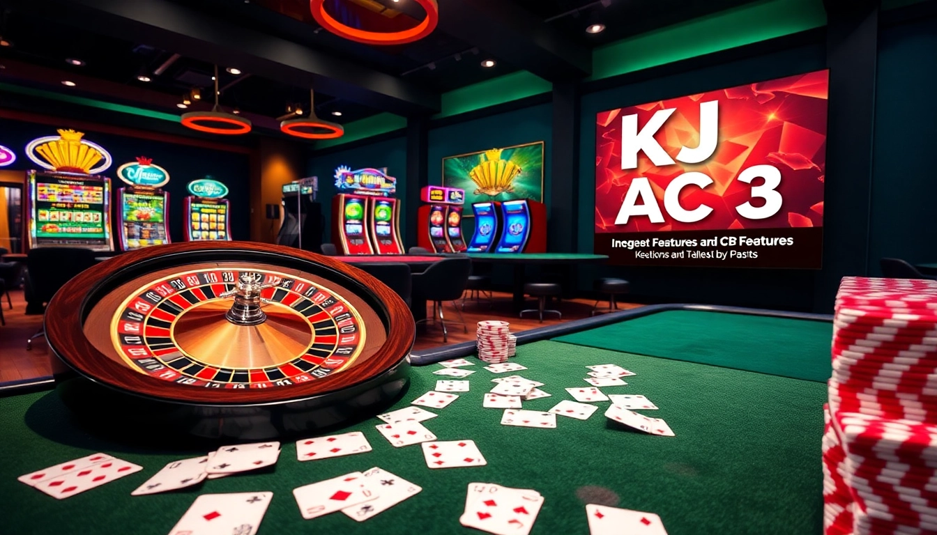 A vibrant casino scene showcasing KJC AC 3 with roulette wheels, poker tables, and slot machines creating an exciting gambling atmosphere.