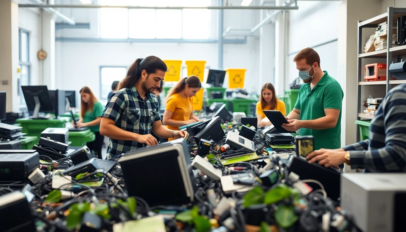 Free computer disposal near me with diverse workers recycling e-waste in a clean facility.