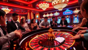 Exciting casino atmosphere at MM88 with roulette, poker chips, and players placing bets.