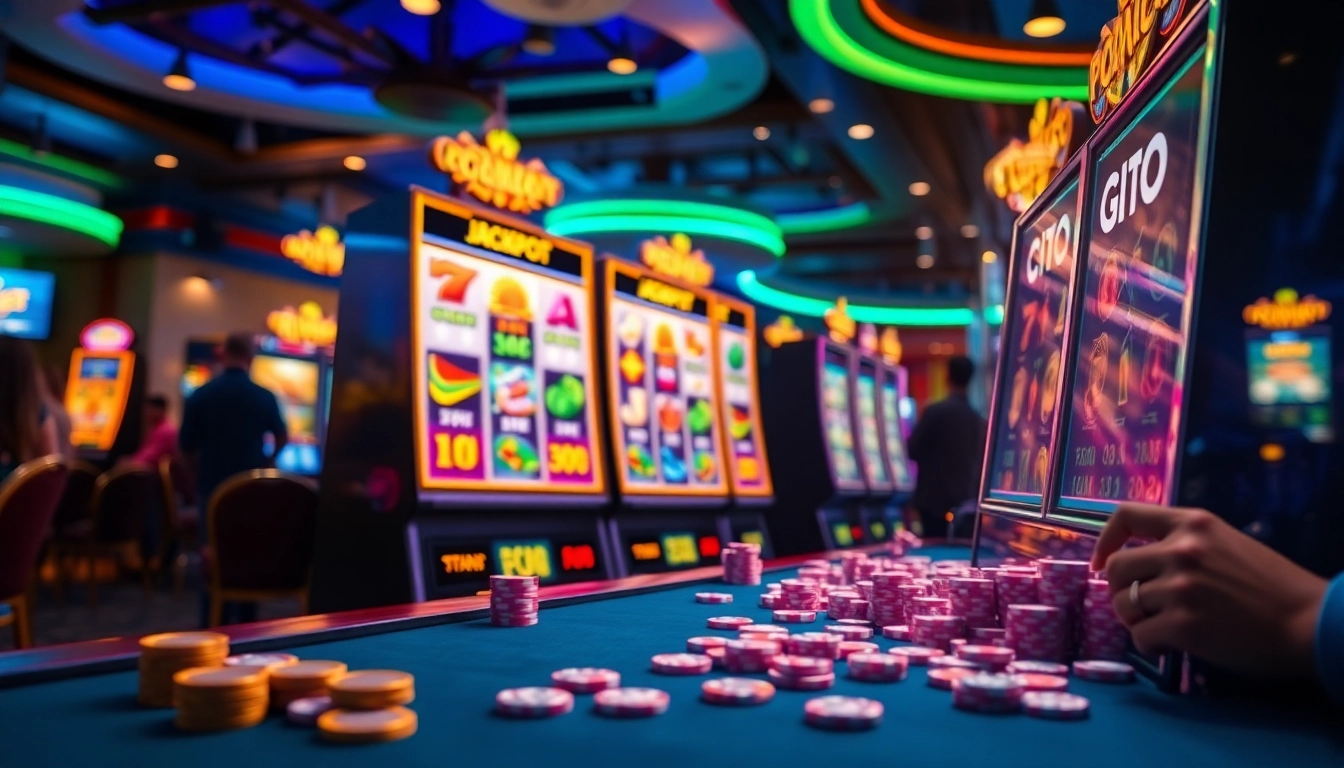 Engaging view of an online slot machine interface representing doaslot, surrounded by casino ambiance.