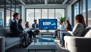 Professional team collaborating on ERP solutions, reflecting Logo destek in a modern office setting.