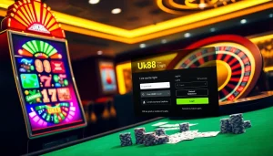 Experience the thrill of gambling with the Uk88 login interface in a vibrant casino scene.