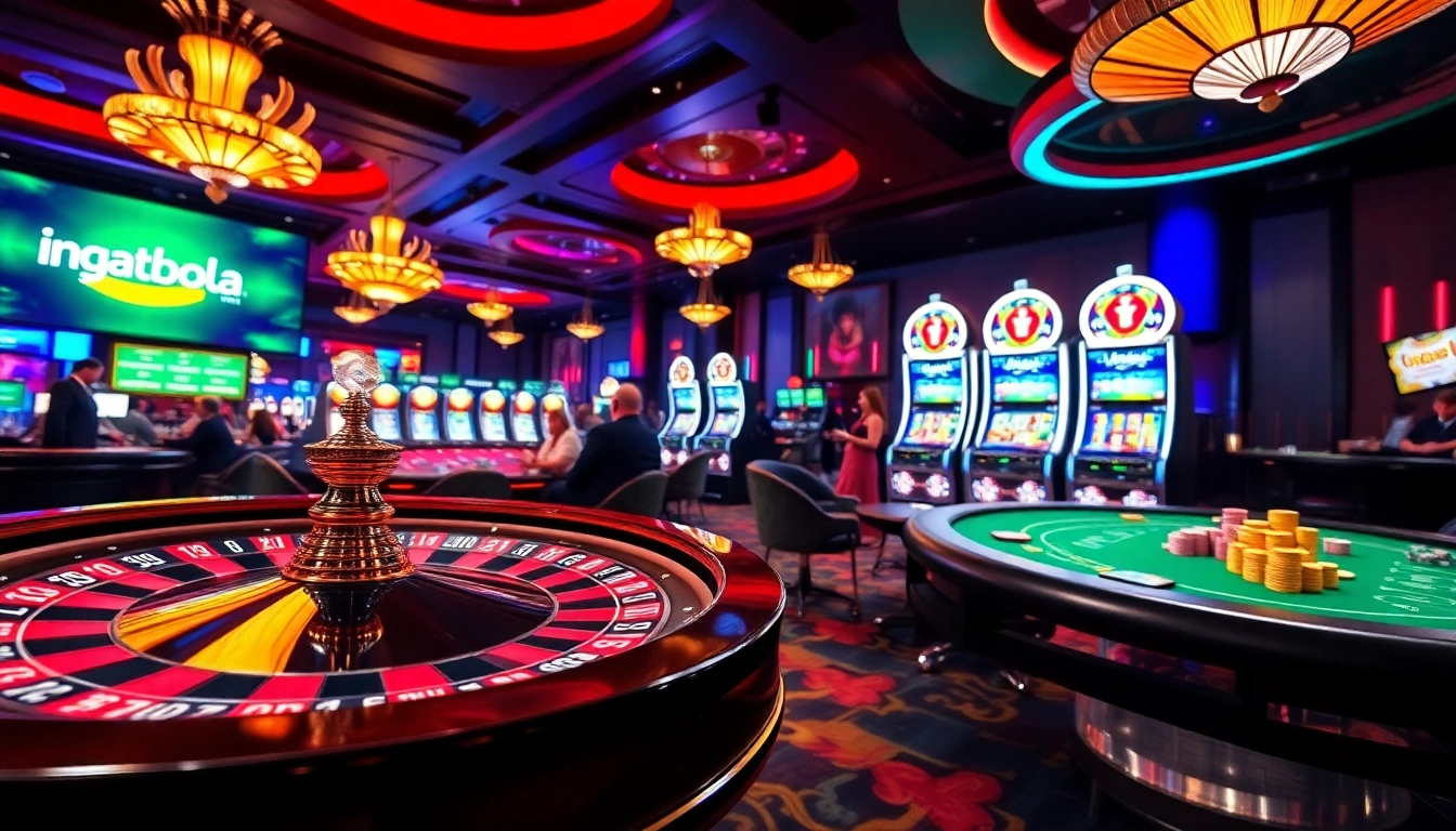 ingatbola logo featured on an exciting casino scene with roulette and poker games