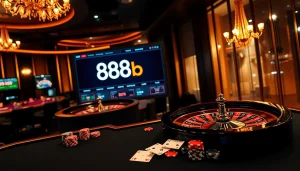 Exciting casino scene showcasing nhà cái 888b with roulette and poker elements.