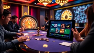 A thrilling casino gaming scene highlighting 78WIN.COM with players around a table, engaging in poker.