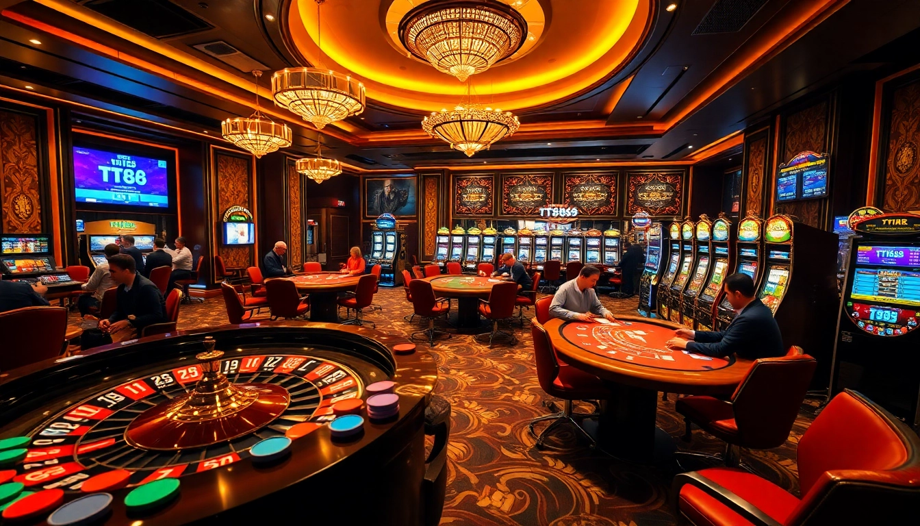 TT88 casino scene with roulette wheel and vibrant poker tables creating excitement.