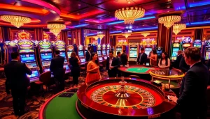 Experience thrilling gaming at F8BET with elegant casino tables and vibrant slot machines.