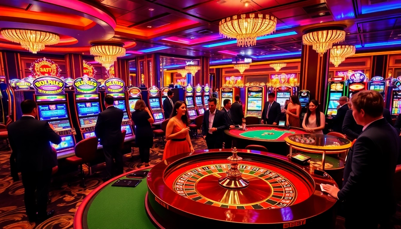 Experience thrilling gaming at F8BET with elegant casino tables and vibrant slot machines.
