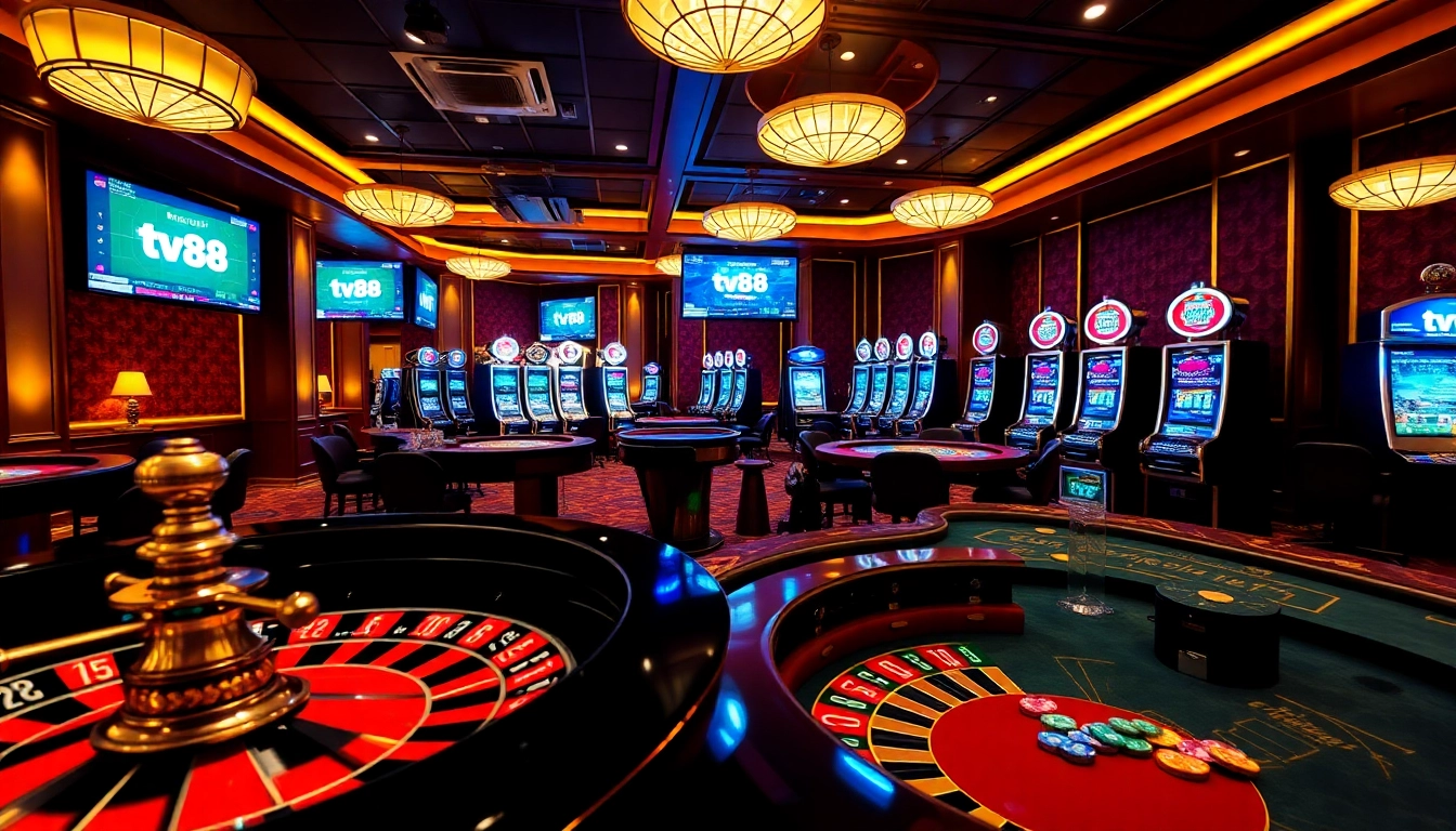 Players enjoying high-stakes gambling at an upscale casino featuring tv88-themed games and betting.