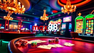 Experience thrilling action with max88. vin at a luxury casino, featuring a vibrant poker table and slot machines.