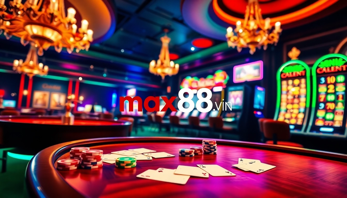 Experience thrilling action with max88. vin at a luxury casino, featuring a vibrant poker table and slot machines.