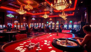 Engaging gaming atmosphere at ok8386.com, featuring poker tables, roulette, and slot machines.