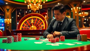 78win top showcases a luxurious casino atmosphere with vibrant gaming tables and poker chips.