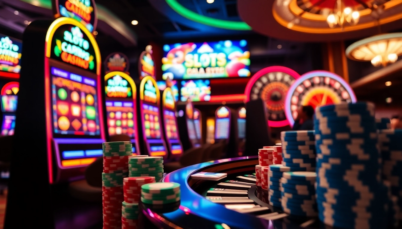 Experience Slot Terpercaya excitement with colorful poker chips and vibrant slot machines in a lively casino.