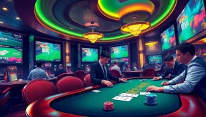 Betting action at sky88 thể thao with gamblers engaged at a luxurious casino table.