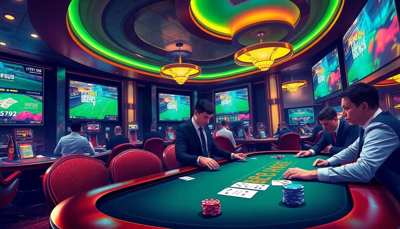 Betting action at sky88 thể thao with gamblers engaged at a luxurious casino table.
