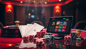 Gambling scene featuring 12bet on a sleek online interface with roulette and poker elements.