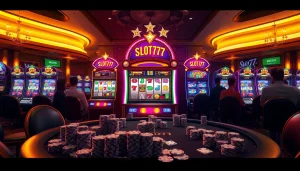 Experience the thrill of gaming at Slot777 with vibrant slot machines and betting excitement.