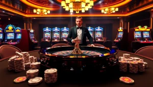 Experience the excitement of casino gaming at jun88.com with roulette and poker chips.