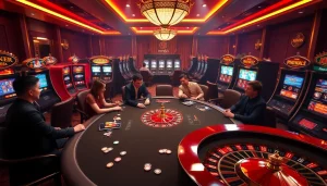 Exciting gambling scene featuring mm88 com with poker tables, roulette wheels, and slot machines in a luxurious casino.