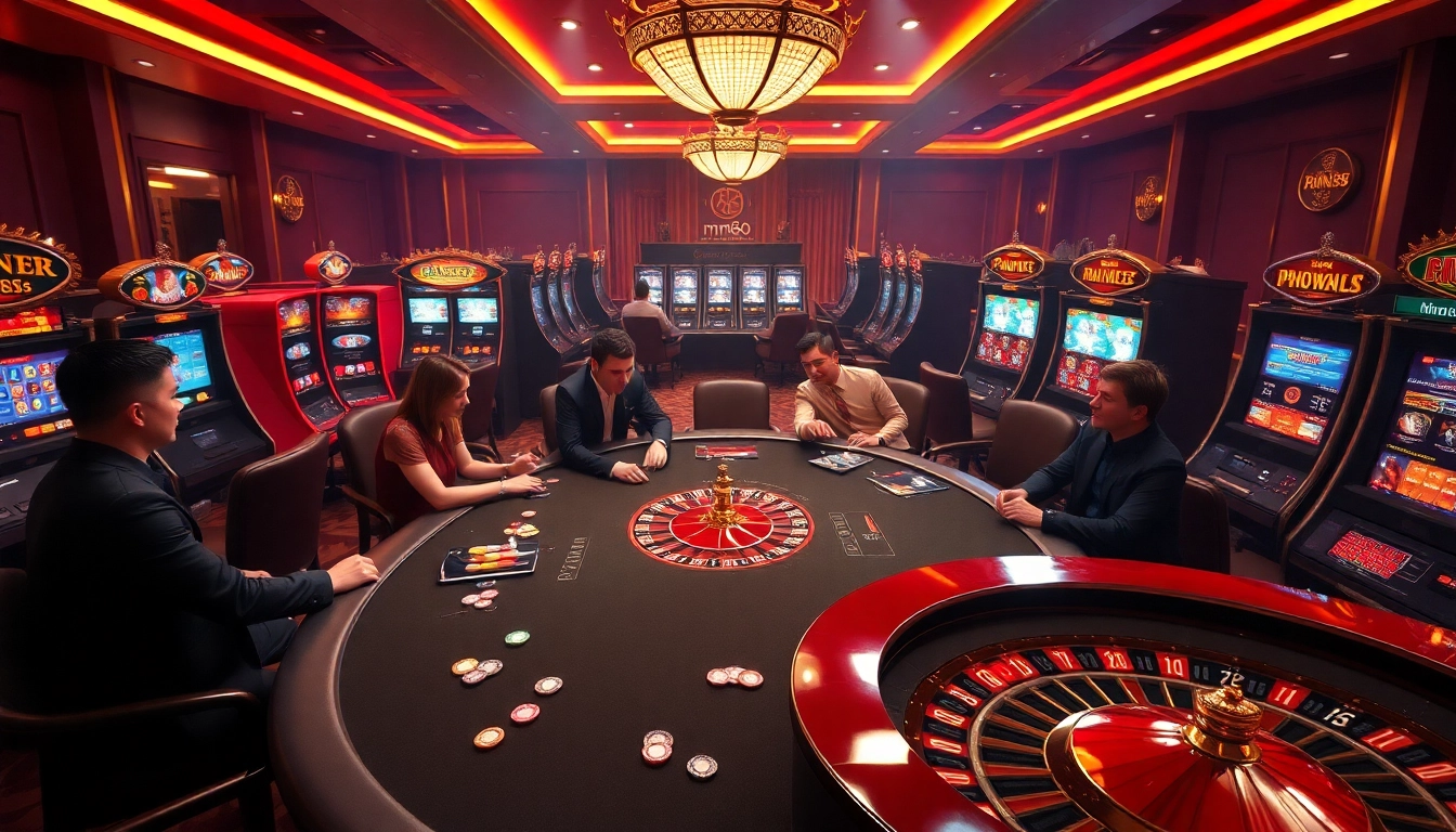Exciting gambling scene featuring mm88 com with poker tables, roulette wheels, and slot machines in a luxurious casino.