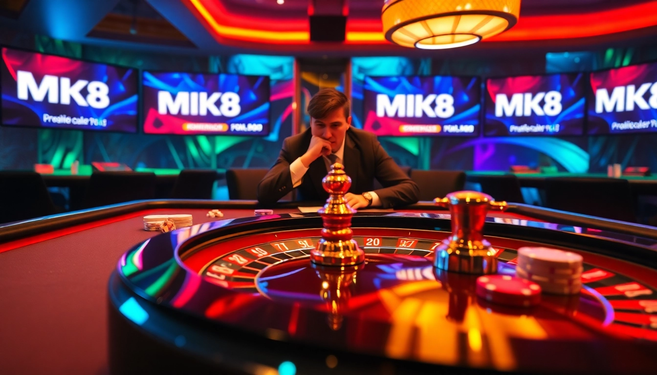 MK8 gamblers placing bets at a vibrant casino table, showcasing excitement and strategy.