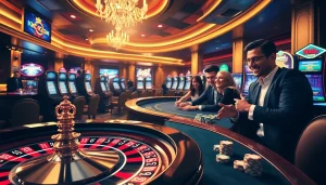 KJC com shines in a vibrant casino scene with poker chips, a roulette wheel, and slot machines.