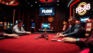 Engage in thrilling poker action with Fb88 among vibrant casino lights and luxury decor.