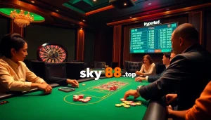 Players engage in high-stakes poker at sky88.top casino, with vibrant chips and a spinning roulette wheel.