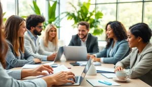Individuals collaborating on the eta uk application form in a modern office setting.