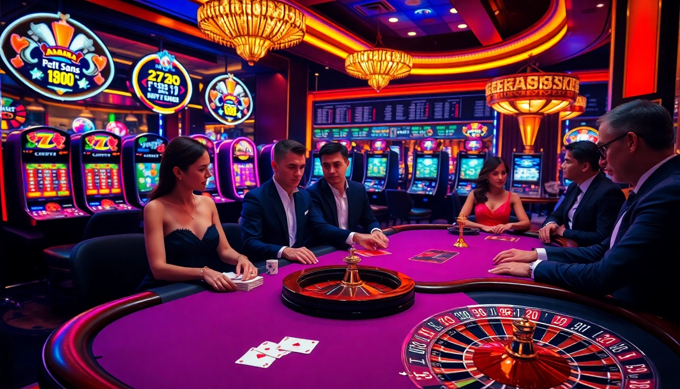 Engaging casino scene showcasing players at https://luck8f.jpn.com/ poker tables, highlighting excitement in gambling.
