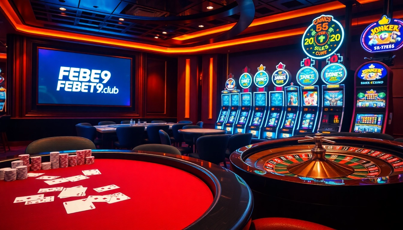 Experience high-stakes gaming excitement at FEBET9.club with vibrant poker and slot scenes.