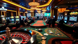 Experience excitement at MK8 casino with players strategizing at poker and roulette tables.