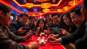 Engaged players enjoying a thrilling Tài Xỉu game experience in a vibrant online casino setting.