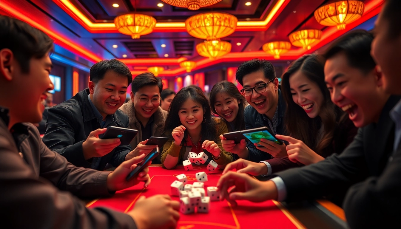 Engaged players enjoying a thrilling Tài Xỉu game experience in a vibrant online casino setting.