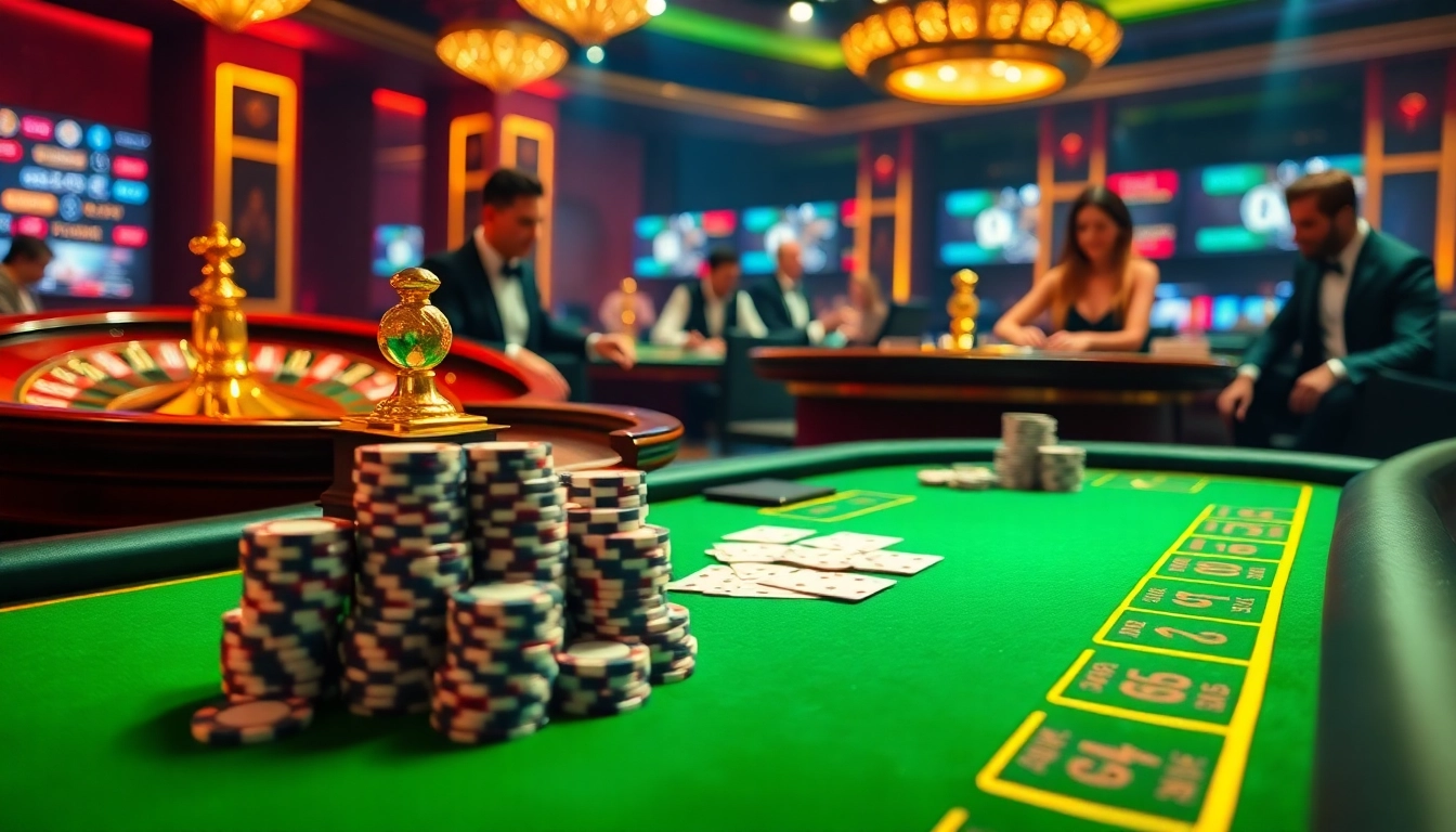 Luck8 casino scene showing elegant gameplay with poker chips and a roulette wheel, creating excitement.