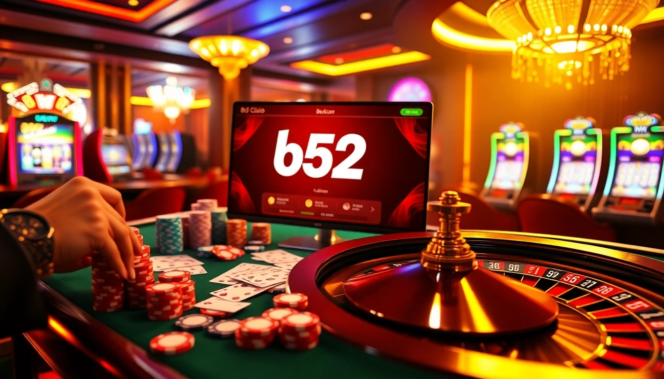 Exciting gameplay at b52club showcasing vibrant poker chips and cards on a luxury casino table.