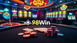 Exciting casino scene with poker chips and 98Win logo showcasing luxury gambling.