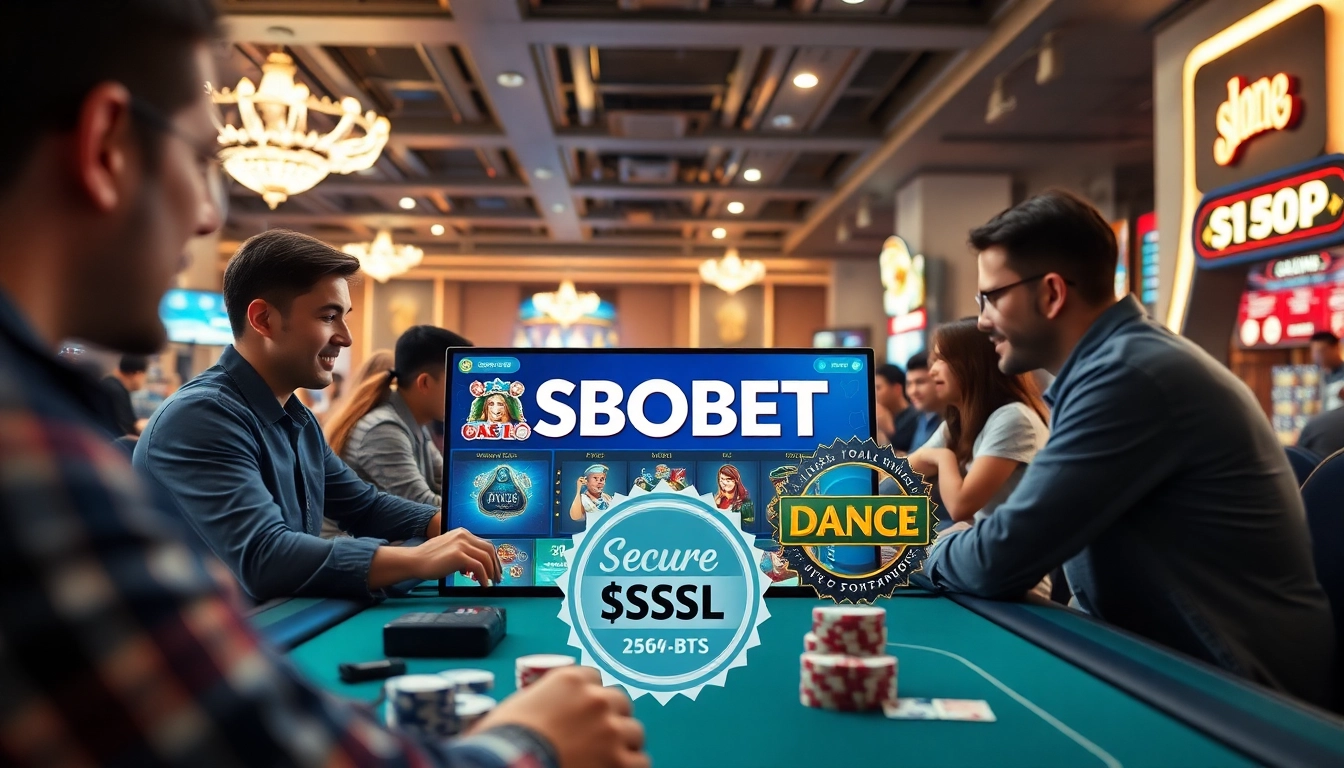 SBOBET online gaming environment showcasing diverse players enjoying poker and slots, promoting sbobet.dance.