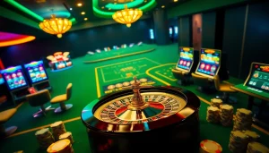 Engaging digital gambling scene featuring nhà cái rikvip with roulette, poker chips, and vibrant online games.