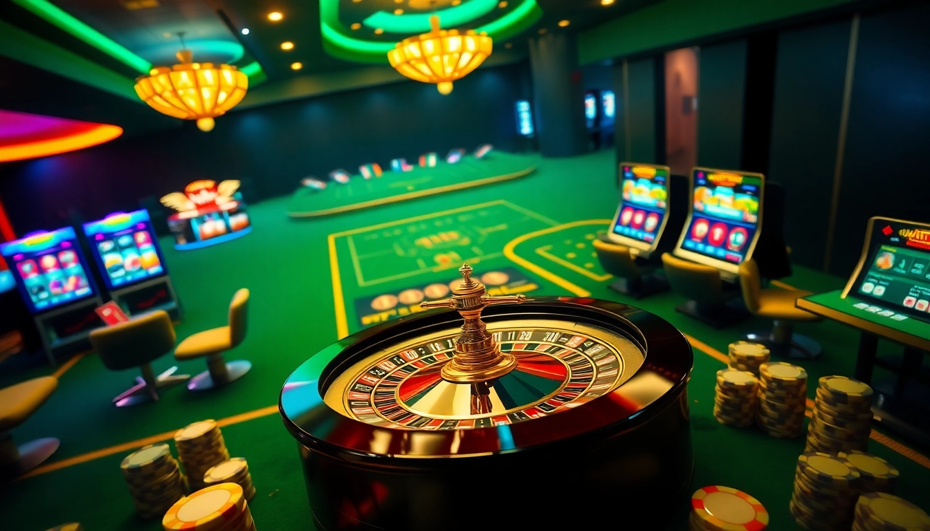 Engaging digital gambling scene featuring nhà cái rikvip with roulette, poker chips, and vibrant online games.