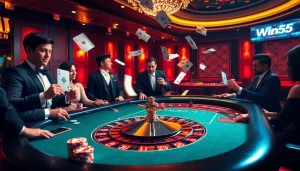 Participants enjoying high-stakes poker at a lavish casino featuring Win55.