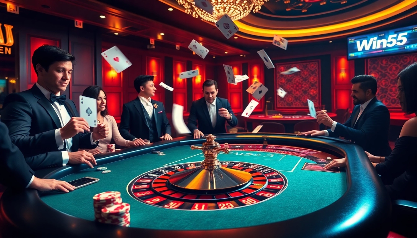 Participants enjoying high-stakes poker at a lavish casino featuring Win55.