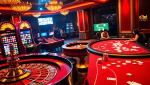 E2bet players enjoying high-stakes gaming with roulette and poker tables in a luxurious casino.