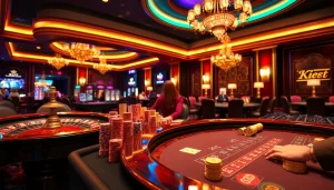 KJC Casino scene with players at poker table showcasing chips and cards, immersed in gambling excitement.