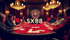 SX88 poker players strategize in a luxurious casino atmosphere filled with excitement.
