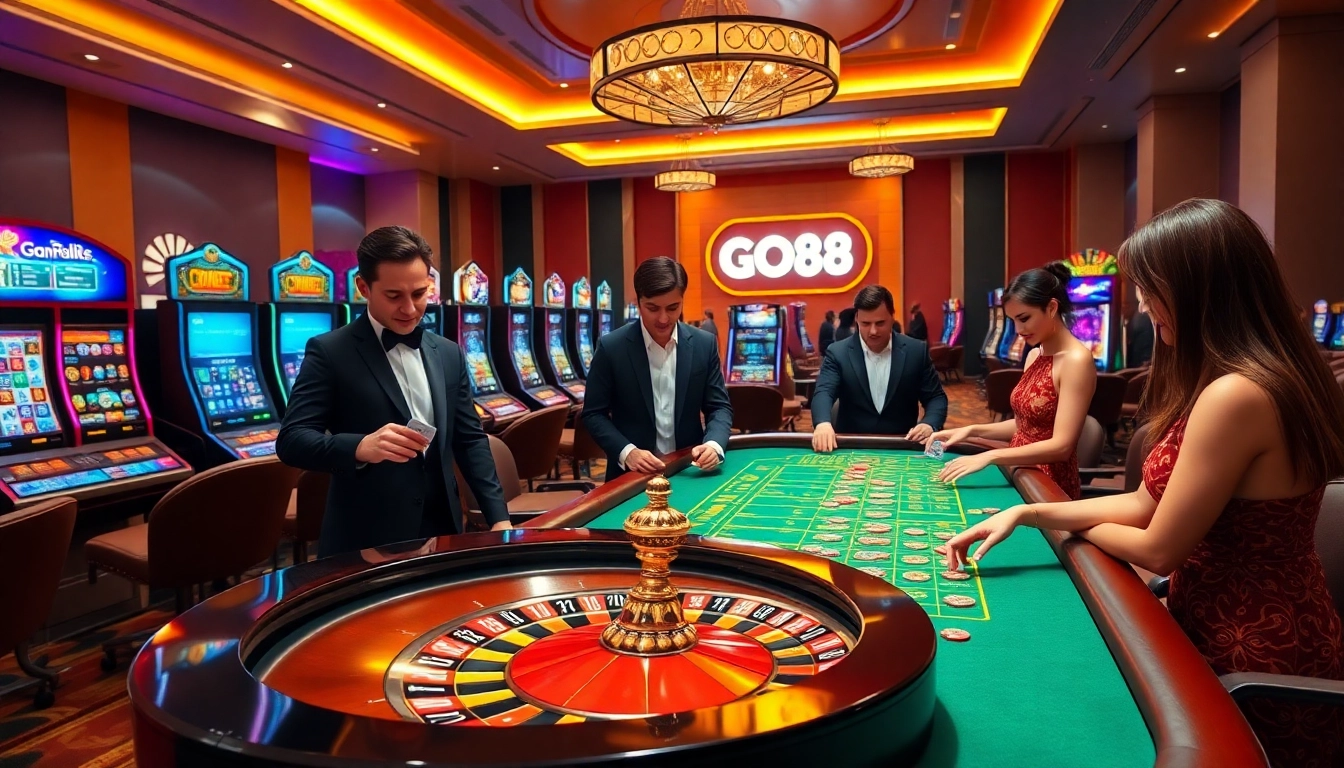 Players engage in thrilling moments at https://go88.fast/ with professional dealers in a vibrant casino setting.