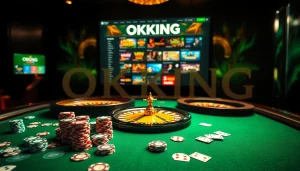 OKKING poker chips and cards spread on a luxurious casino table.